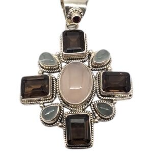 India Sterling Silver Rose Quartz Maltese Cross Pendant #20741